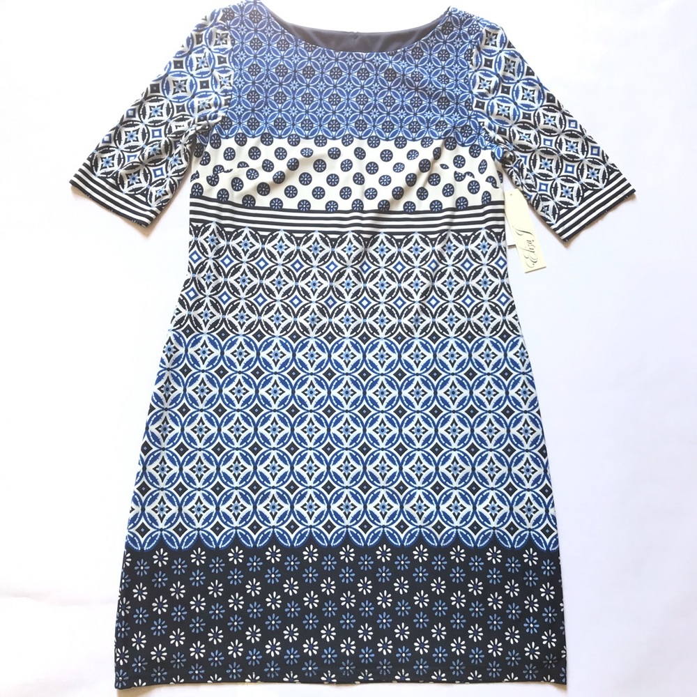Eliza J Elbow Sleeve Mult-Print Dress Blue White